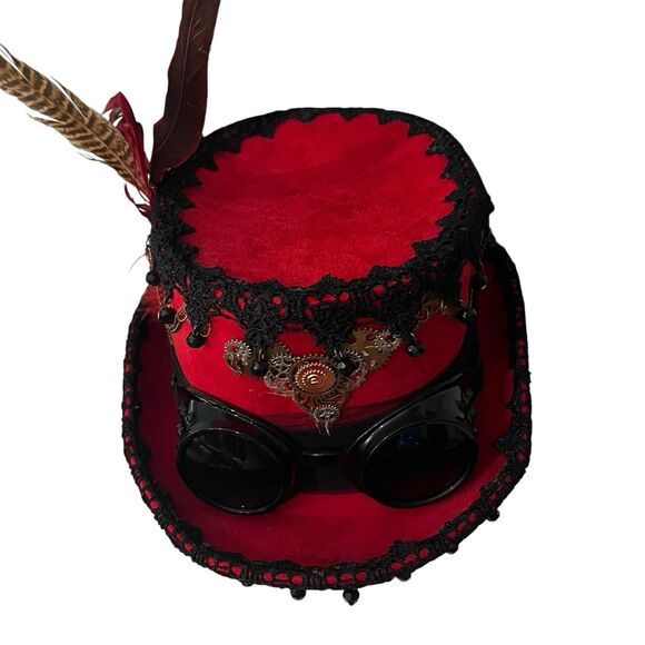 Deluxe Velvet 4.25"H Steampunk Full Size Top Hat Removable Goggles & Feathers - Picture 7 of 8